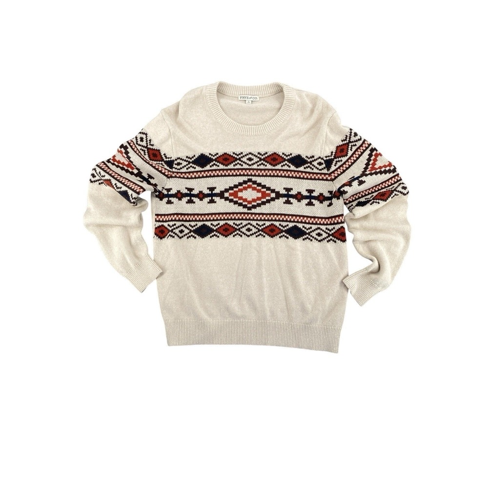 Frye & Co. Ivory Knit Crew Neck Pullover Sweater - Men's Size L - Aztec - Soft